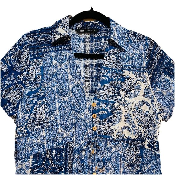 ZARA Blue Paisley Front Button Closure Short Sleeve Midi Shirt Dress Sz S - Picture 7 of 12